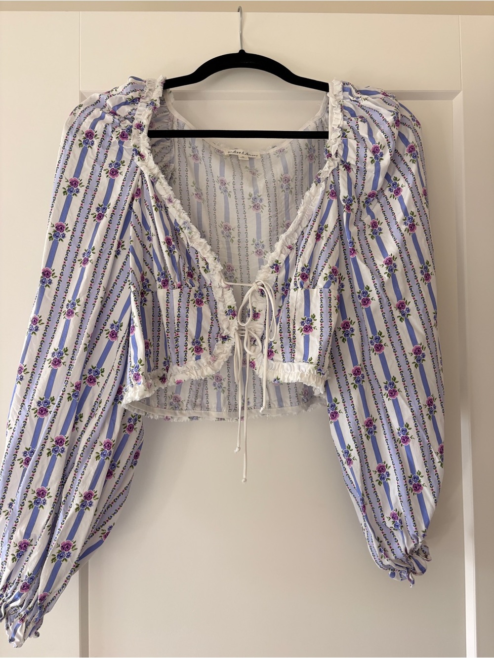 For Love & Lemons White and Lavender Floral Tie-Front Crop Top
